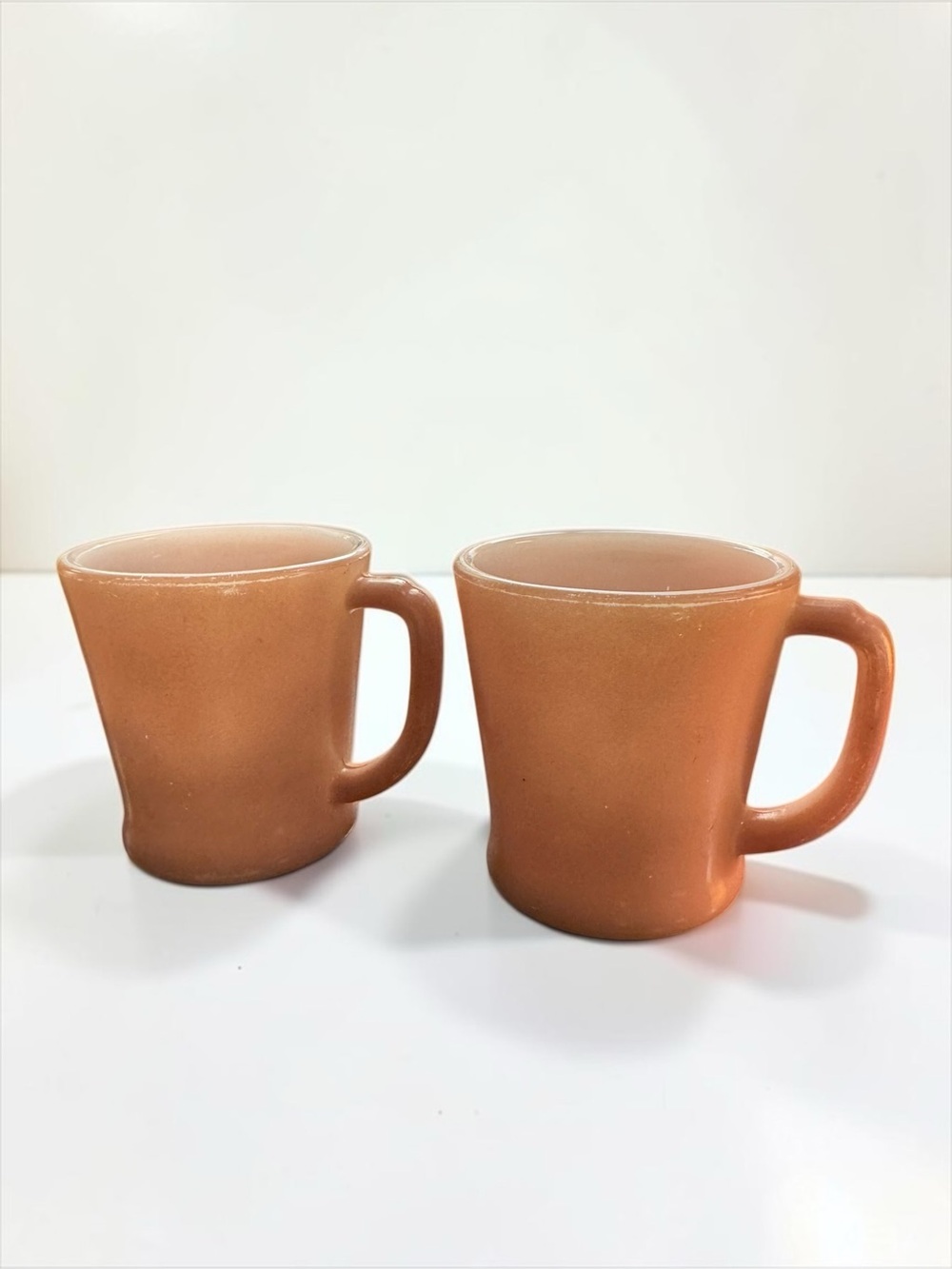 Pair of Vintage MCM Anchor Hocking Fire King Mauve D Handle Milk Glass Mugs
